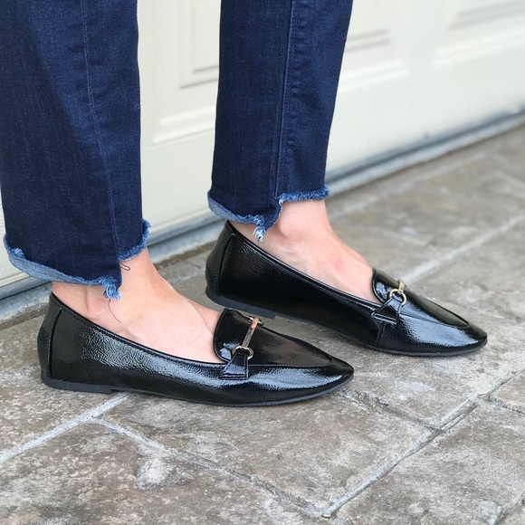 Black Patent Penny Loafers w Gold Bar Accent - Picture 3 of 8